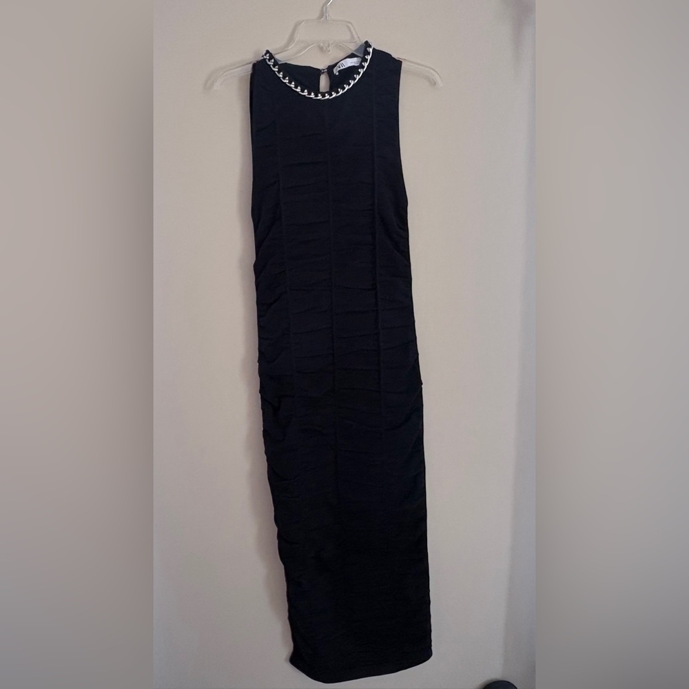 Zara Black Maxi Dress with Chain-Accent Neckline